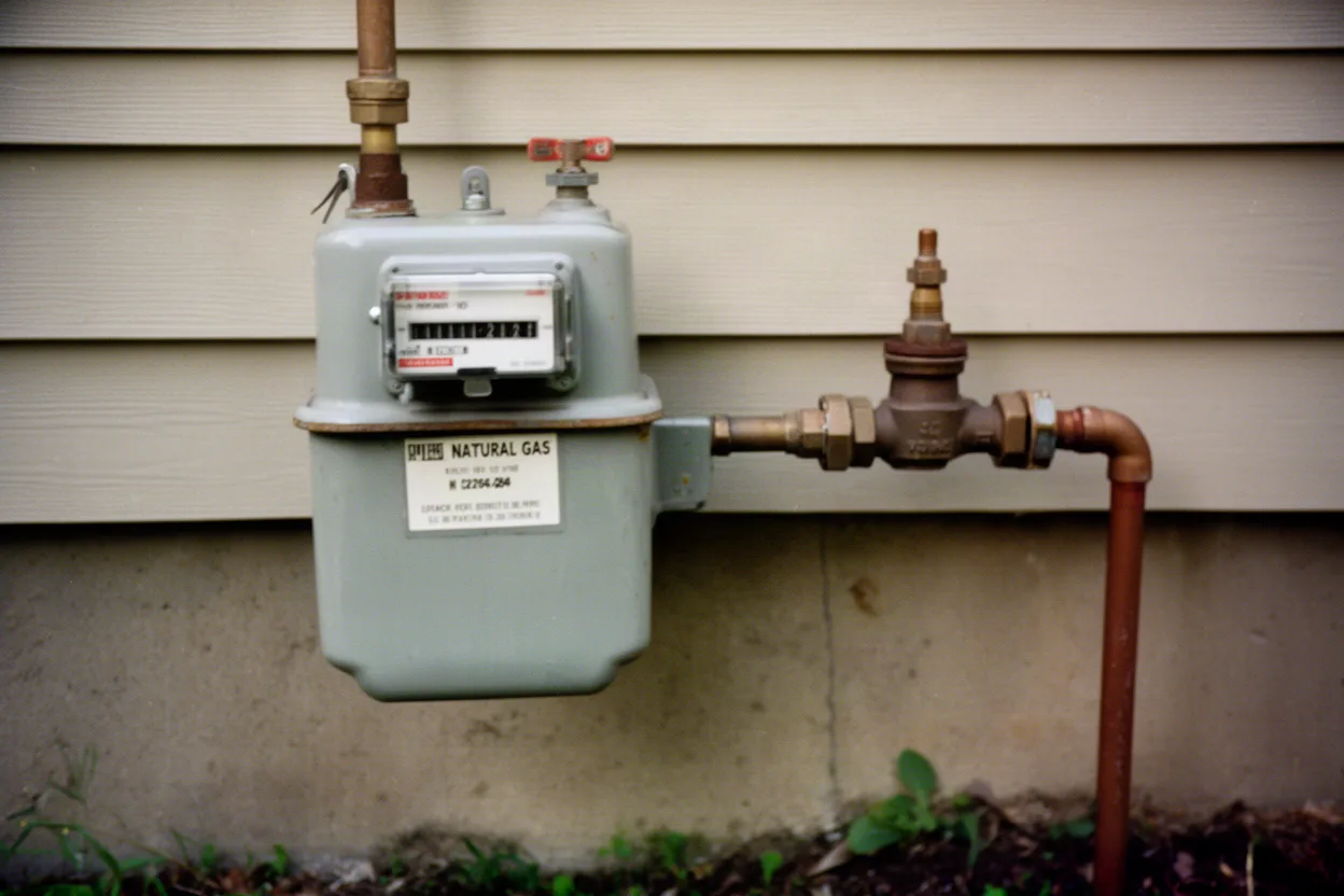 Amateur photo of a natural gas meter on the side of a house with the service line and valve