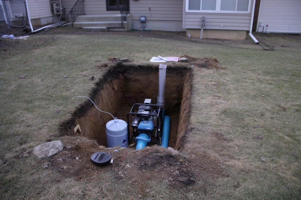 Amateur photo of a horizontal pipe bursting head and rod in a small access pit