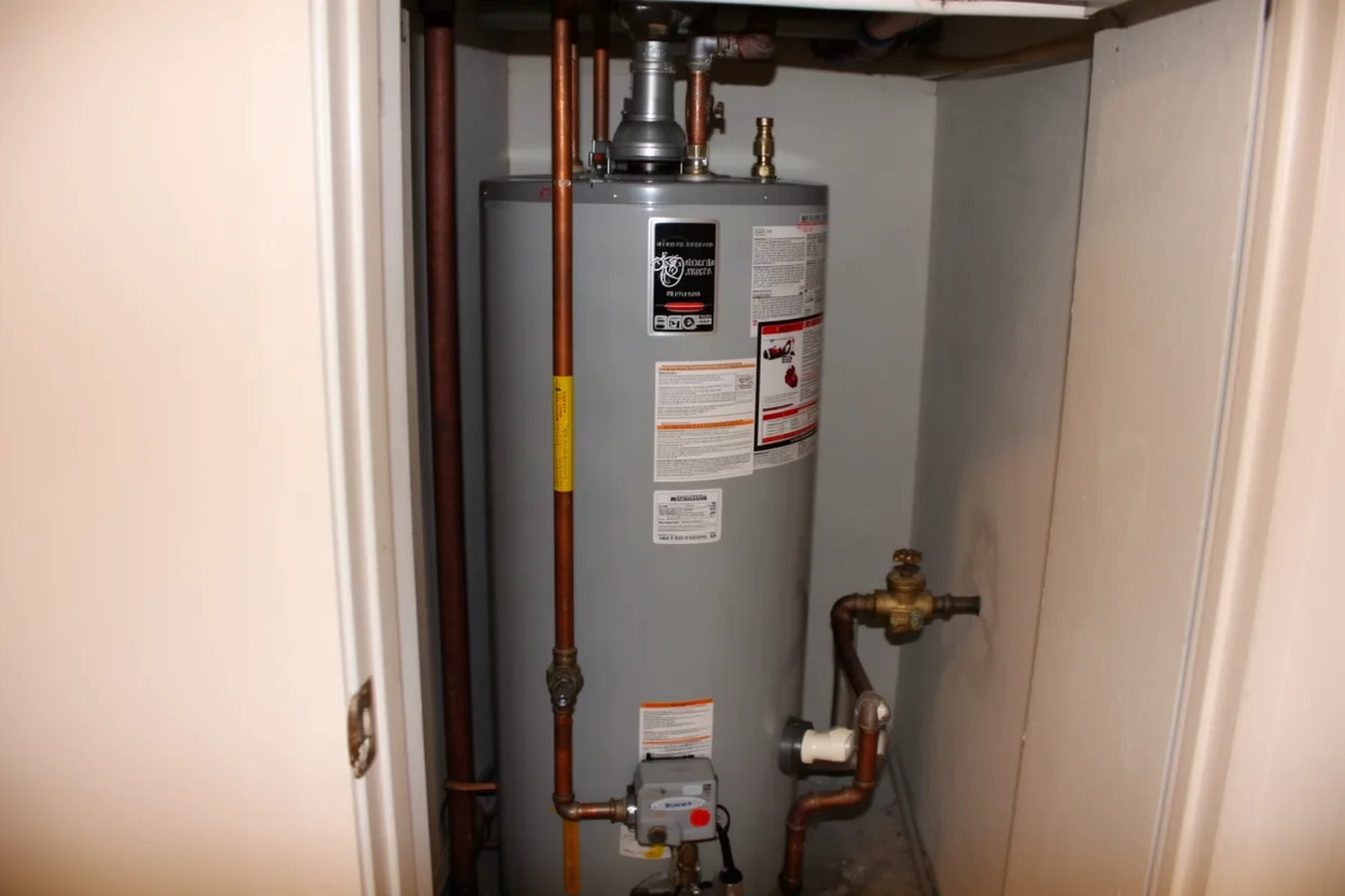 Amateur photo of a residential tank water heater in a utility closet with supply lines and shutoff valve